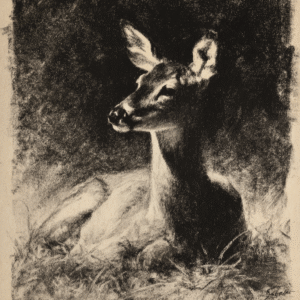 Charcoal drawing of a deer resting, depicted in black and white with detailed shading.