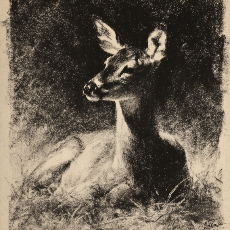 Charcoal drawing of a deer resting, depicted in black and white with detailed shading.