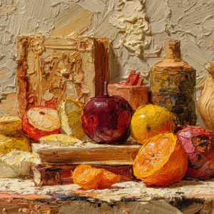 Still life oil painting featuring vibrant fruits such as apples and oranges with heavy impasto texture