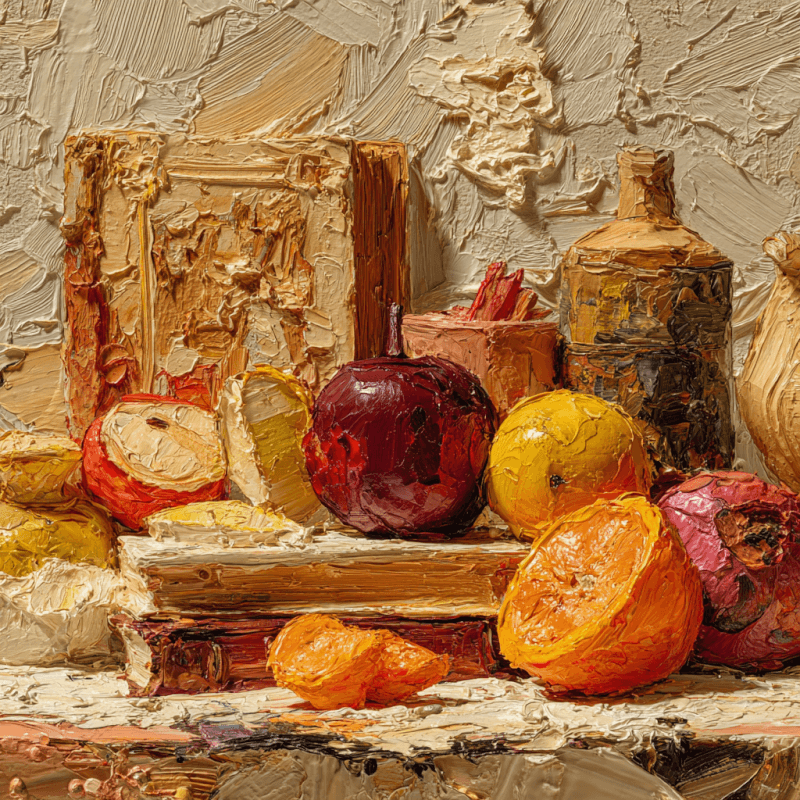 Still life oil painting featuring vibrant fruits such as apples and oranges with heavy impasto texture