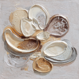 Abstract impasto artwork with thick, textured swirls of earthy tones in beige, brown, and cream.