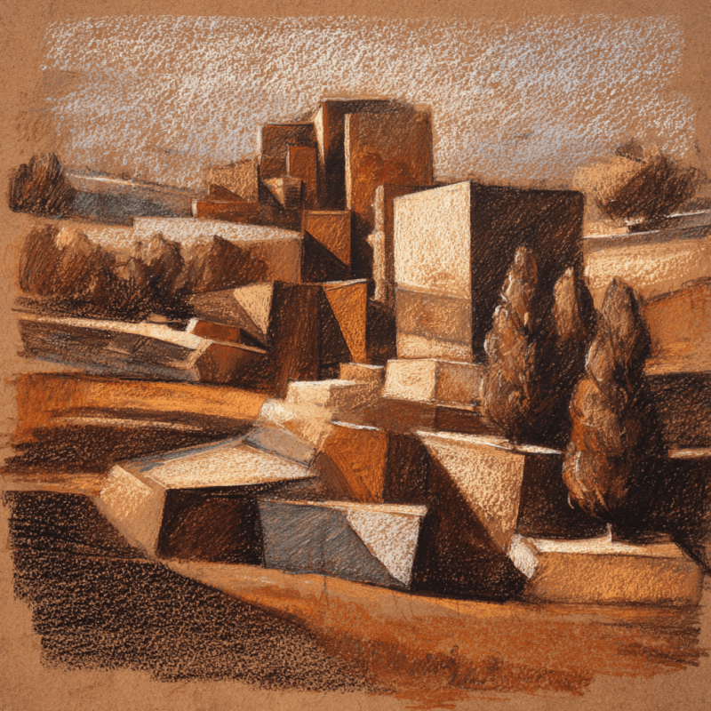 Cubist landscape artwork featuring geometric shapes in brown and earthy tones, depicting buildings and trees in a stylized manner.