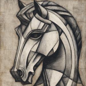 Cubist artwork of a horse, featuring geometric shapes and neutral tones, resembling a pencil sketch.