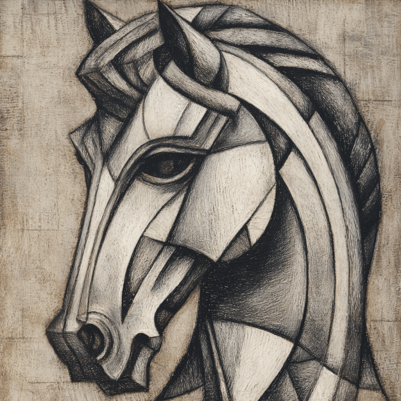 Cubist artwork of a horse, featuring geometric shapes and neutral tones, resembling a pencil sketch.