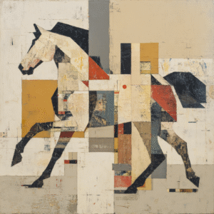 Cubist artwork of a horse using geometric shapes in earth and vibrant tones.