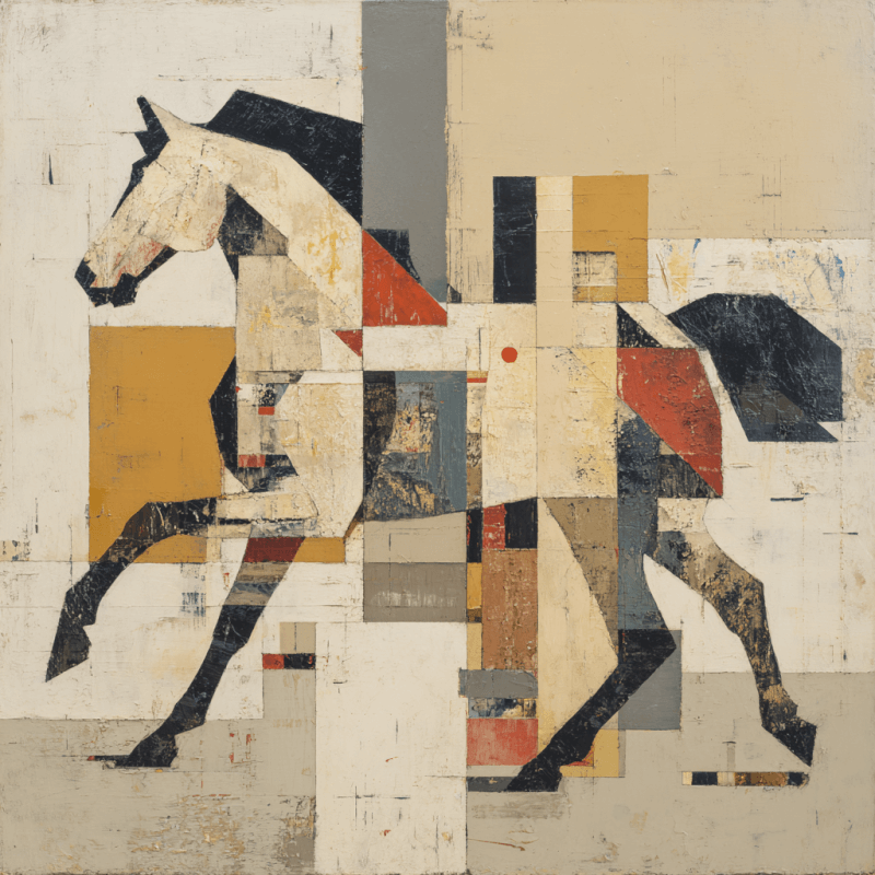 Cubist artwork of a horse using geometric shapes in earth and vibrant tones.