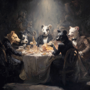 Surreal oil painting of animals with human bodies and animal heads having a formal dinner under dramatic lighting.