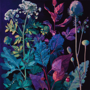 Colorful botanical artwork featuring a variety of vividly colored leaves and plants on a dark background