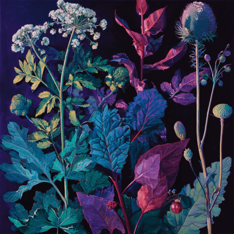 Colorful botanical artwork featuring a variety of vividly colored leaves and plants on a dark background