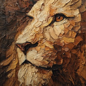 Oil painting of a lion's face in impasto style with bold earth tones and textured brushstrokes