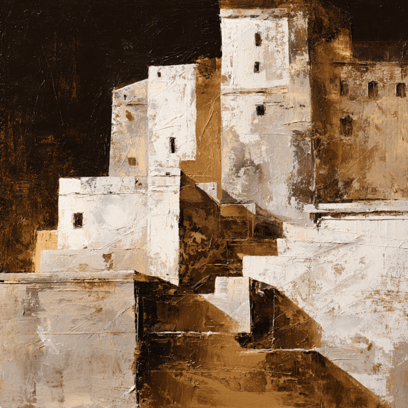 Abstract landscape artwork showcasing textured architectural forms in earth tones with sepia and ocher shading.