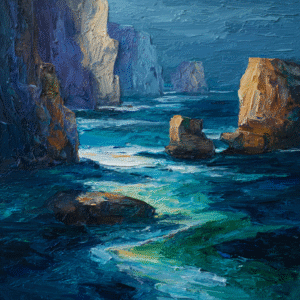 Oil painting of a serene seascape with dramatic cliffs and vibrant blue ocean waves.