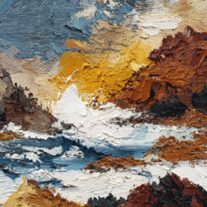 Vibrant oil painting featuring an abstract landscape with bold textures and colors in blue, orange, and earth tones.