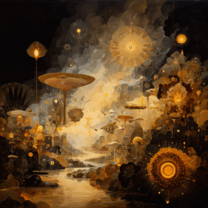 Surreal abstract landscape with ethereal golden mushroom-like structures and glowing orbs in a dreamlike setting.