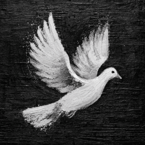 Black and white artwork of a dove in flight with textured brushstrokes