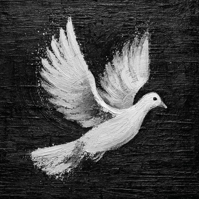 Black and white artwork of a dove in flight with textured brushstrokes