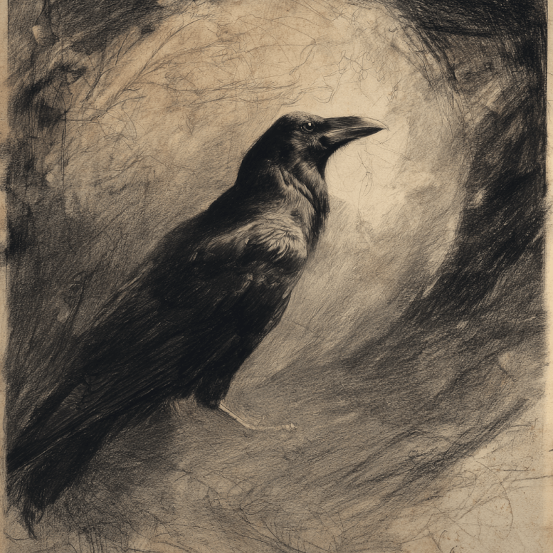 Charcoal drawing of a raven perched in a dark, textured setting, depicted in monochrome tones.
