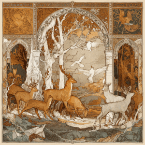 Decorative artwork featuring deer and birds in a stylized forest with intricate details and earth tones.