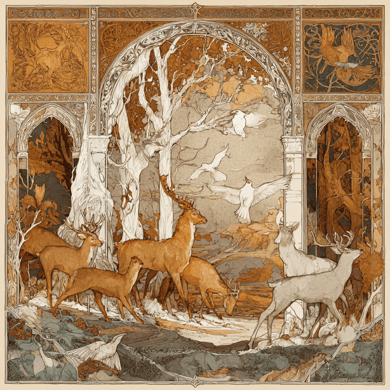 Decorative artwork featuring deer and birds in a stylized forest with intricate details and earth tones.