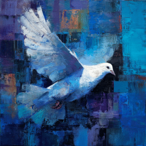 Abstract artwork of a white dove in flight against a vibrant blue and orange geometric background, using impasto oil painting technique.