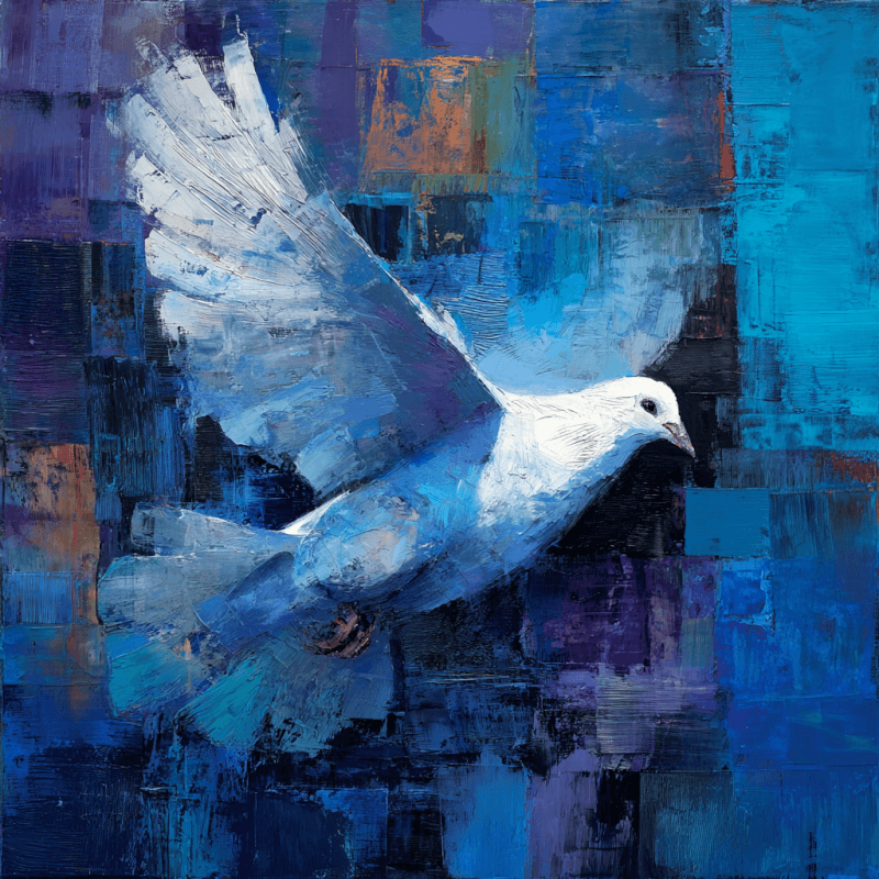 Abstract artwork of a white dove in flight against a vibrant blue and orange geometric background, using impasto oil painting technique.