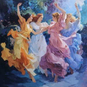 Impressionistic painting of four women dancing, wearing flowing dresses in orange, white, pink, and blue, set against a vibrant, swirling backdrop.