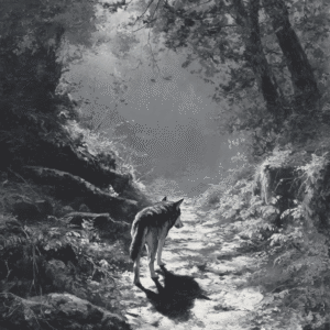 Black and white painting of a wolf standing in a sunlit forest glade surrounded by trees