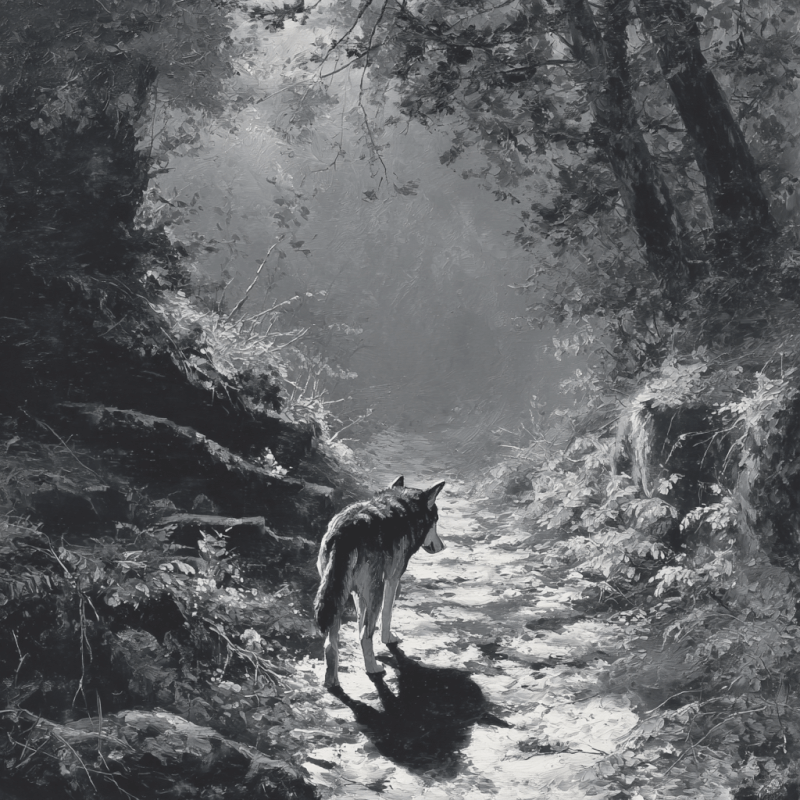 Black and white painting of a wolf standing in a sunlit forest glade surrounded by trees