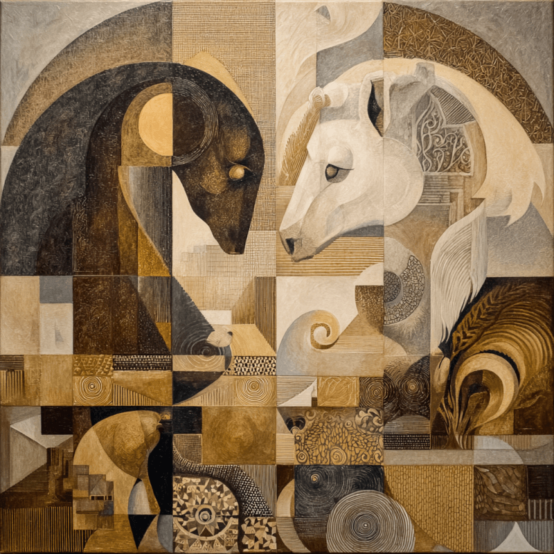 Ancient Cubist Fauna: Mystical Animal Abstractions in Neutral Tones