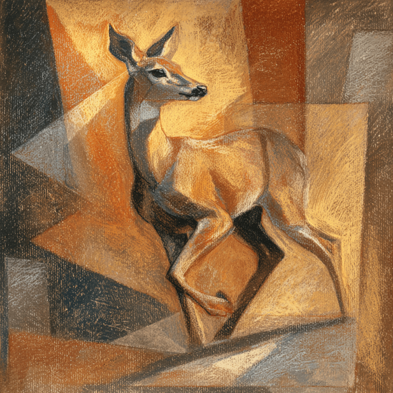 Abstract cubist representation of a deer using geometric shapes in orange and blue hues.