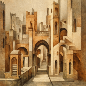 Dreamscape Towers: Cubist Medieval Castle Mystery - de Chirico Inspired Children's Art