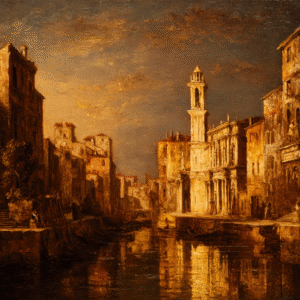 Realistic oil painting of a historical cityscape featuring a canal with reflections, architecture in warm earth tones, and an evening sky.