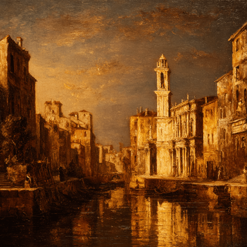 Realistic oil painting of a historical cityscape featuring a canal with reflections, architecture in warm earth tones, and an evening sky.