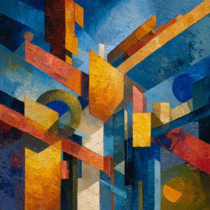Abstract artwork with vibrant geometric shapes in blue, orange, and yellow tones.