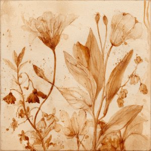 Sepia-toned botanical illustration featuring detailed flowers and leaves with an earthy vintage style