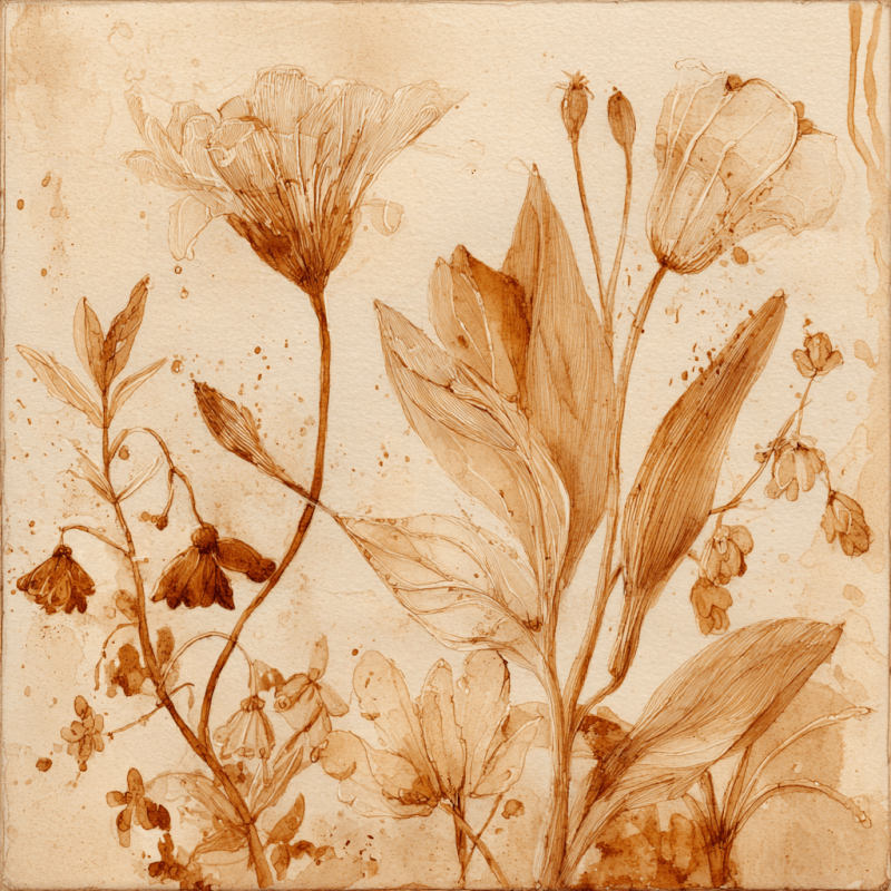 Sepia-toned botanical illustration featuring detailed flowers and leaves with an earthy vintage style