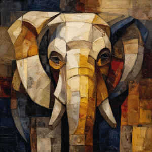Abstract cubist painting of an elephant using geometric shapes in brown, gold, and blue tones.
