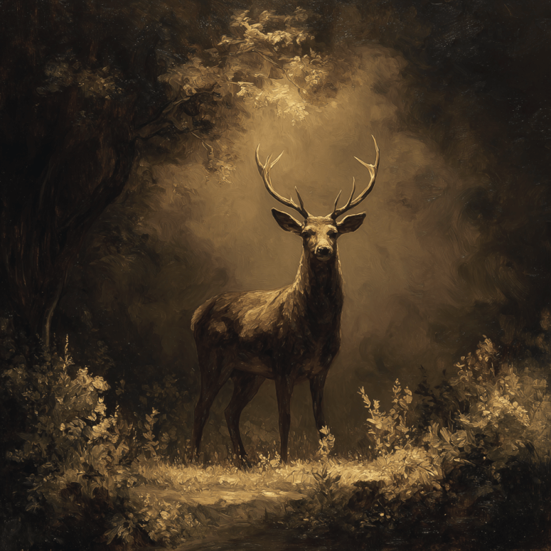 Oil painting of a stag standing in a forest with dramatic lighting highlighting the deer against a dark background.