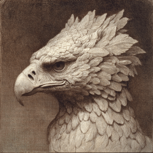 Sepia-toned artwork of an eagle with detailed feathers and a sharp gaze.
