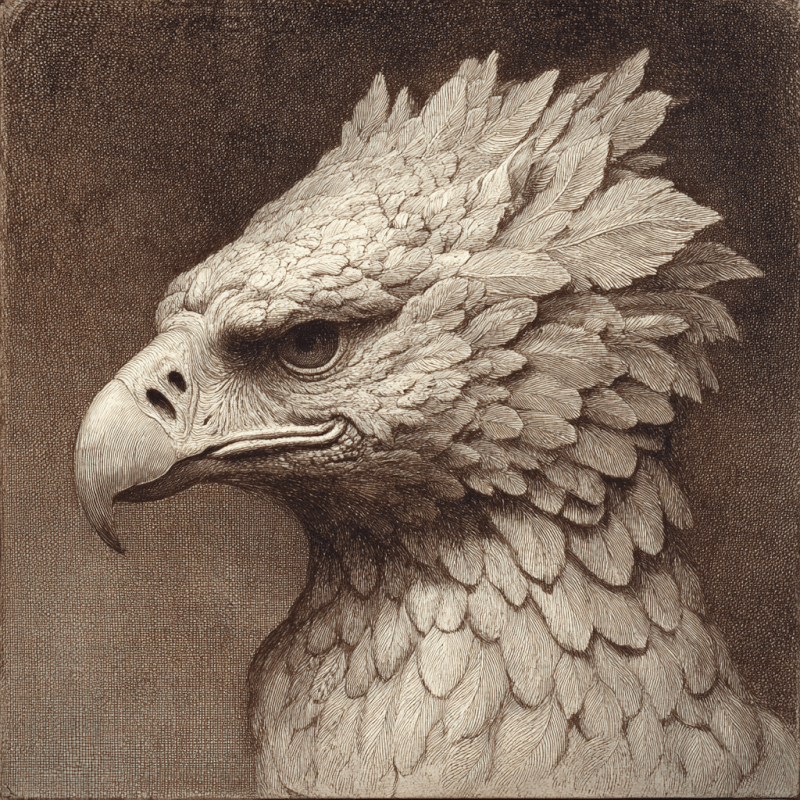 Sepia-toned artwork of an eagle with detailed feathers and a sharp gaze.