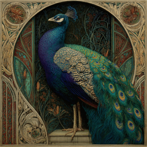 Melancholic Peacock: Neoclassical Animal Portrait with Art Nouveau Flourish