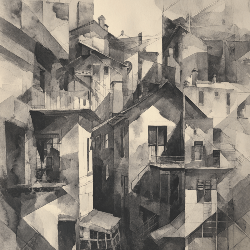 Cubist monochrome artwork of a cityscape with geometric architectural elements in black and white.