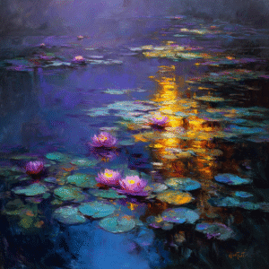 Impressionist painting of a pond with water lilies reflecting vibrant orange and blue tones in an oil painting style