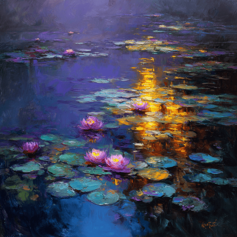 Impressionist painting of a pond with water lilies reflecting vibrant orange and blue tones in an oil painting style