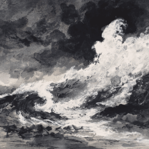 Monochrome painting of a dramatic, stormy sea with large crashing waves and dark clouds.