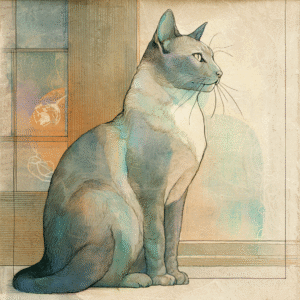 Artwork of a serene cat sitting by a window, created with watercolor and mixed media in muted earth tones.