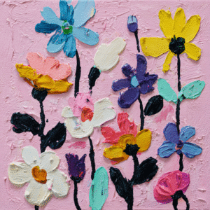 A vibrant impasto painting of colorful flowers with thick, textured brushstrokes in various hues on a pink background.