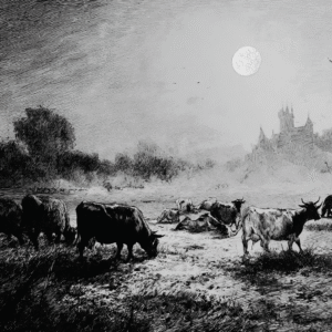 Black and white ink drawing depicting a pastoral landscape with cattle grazing near a river under a full moon, with a castle in the distance.